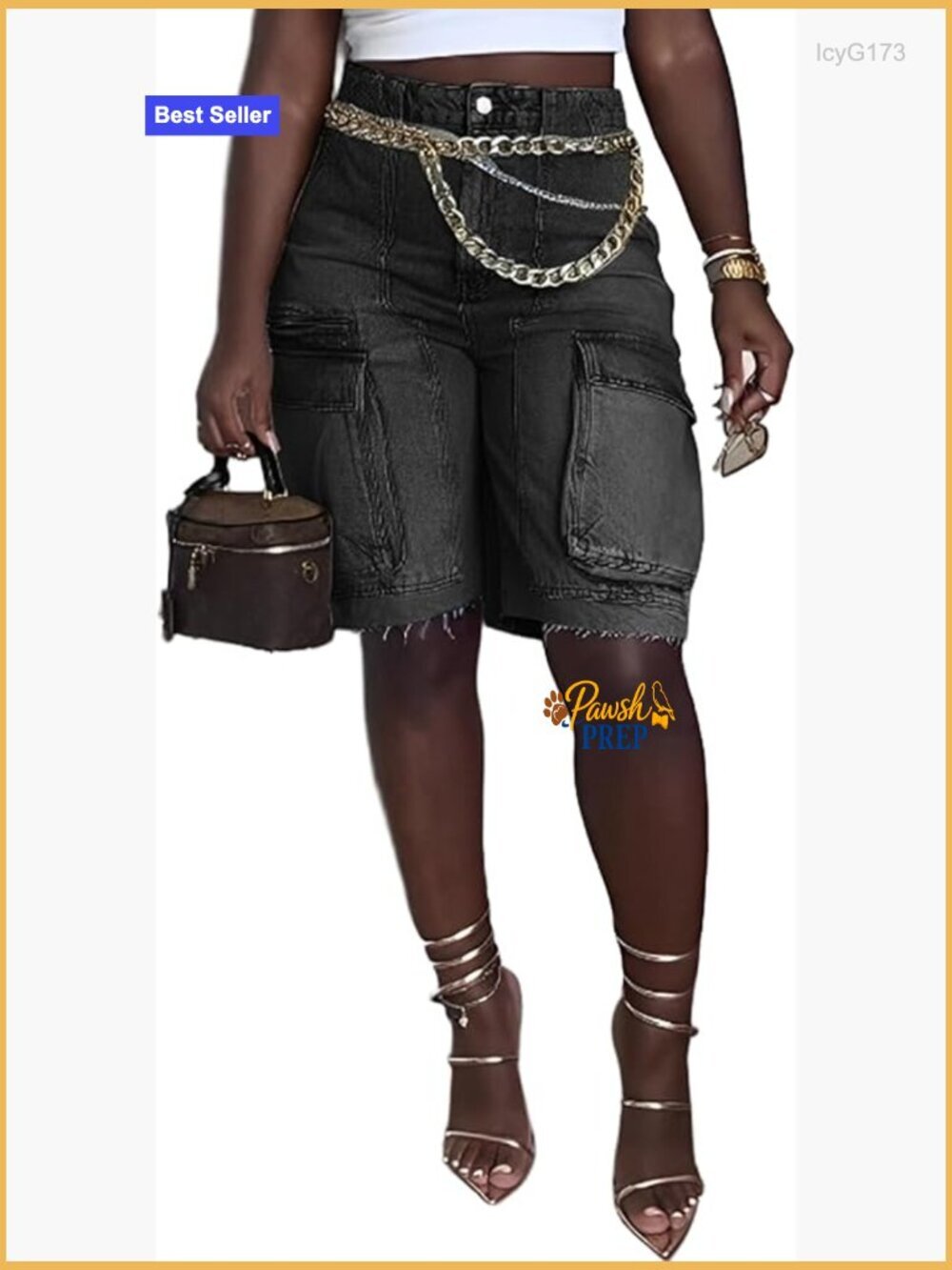 High Waisted Denim Bermuda Cargo Shorts Stretchy Baggy Raw Hem